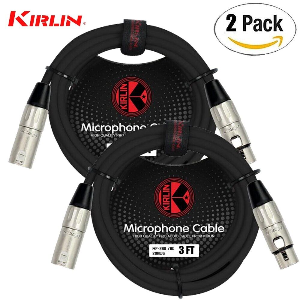 2-PACK Kirlin 3FT 3-Pin XLR Male to Female 20AWG Microphone Cable MP-280-03/BK. Available Now for $16.95